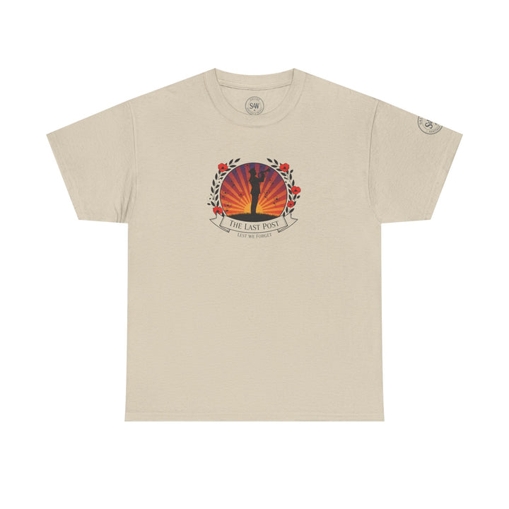 Beige t-shirt by S&amp;W Gallus, featuring "The Last Post" emblem with a silhouette of a bugler and poppy floral accents.