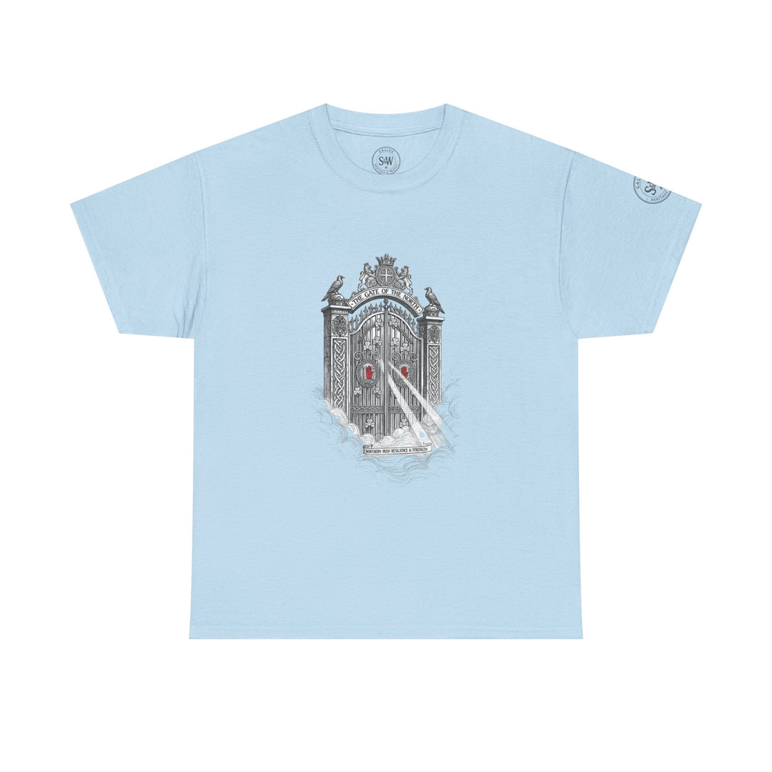 Light blue graphic tee from S&amp;W Gallus, featuring an illustrated gate with eagles and Celtic patterns.