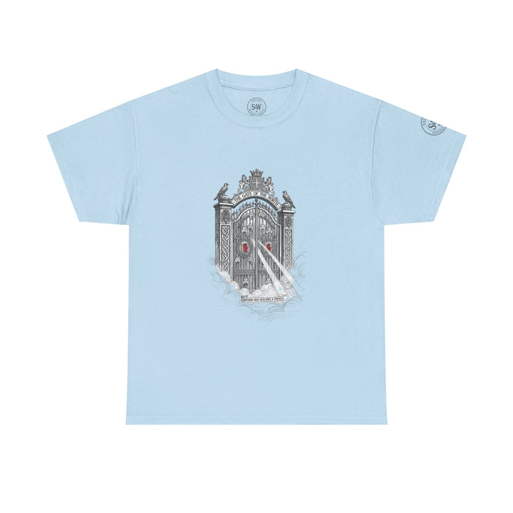 Light blue graphic tee from S&amp;W Gallus, featuring an illustrated gate with eagles and Celtic patterns.
