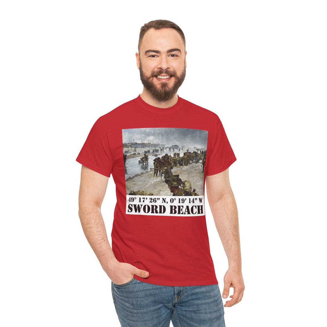 Red t-shirt with "Sword Beach" coordinates by Veteran owned, featuring a D-Day Normandy landing print, worn with blue jeans.
