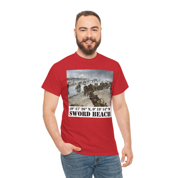 Red t-shirt with "Sword Beach" coordinates by Veteran owned, featuring a D-Day Normandy landing print, worn with blue jeans.