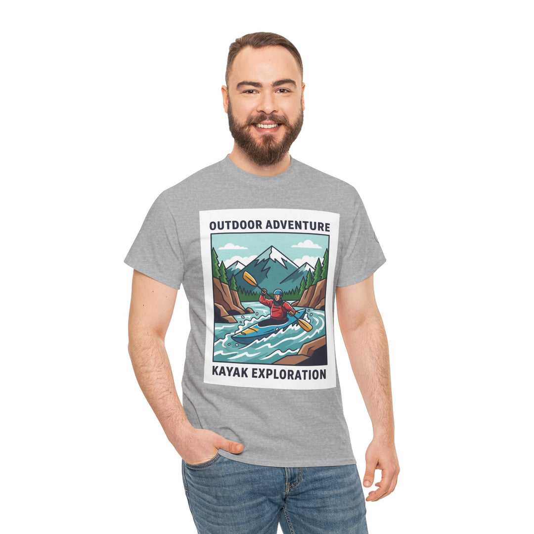 Gray Kayak Exploration T-Shirt by S&amp;W Gallus, featuring a graphic print with a kayaking scene. Worn with blue jeans.