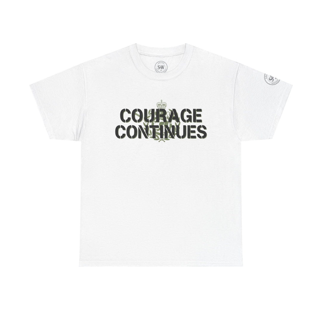 White Courage Continues PTSD tee by S&amp;W Gallus with stencil style text, crown, and laurel leaf design.