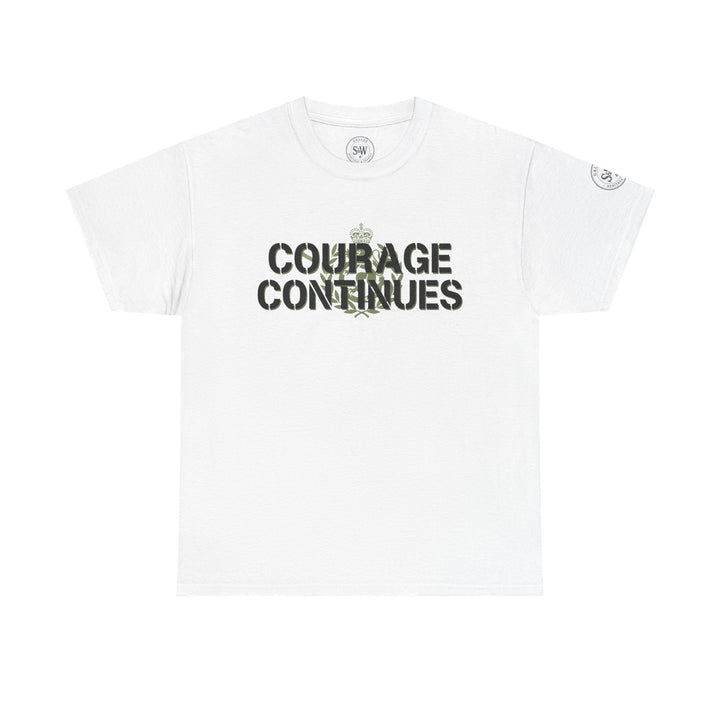 White Courage Continues PTSD tee by S&amp;W Gallus with stencil style text, crown, and laurel leaf design.