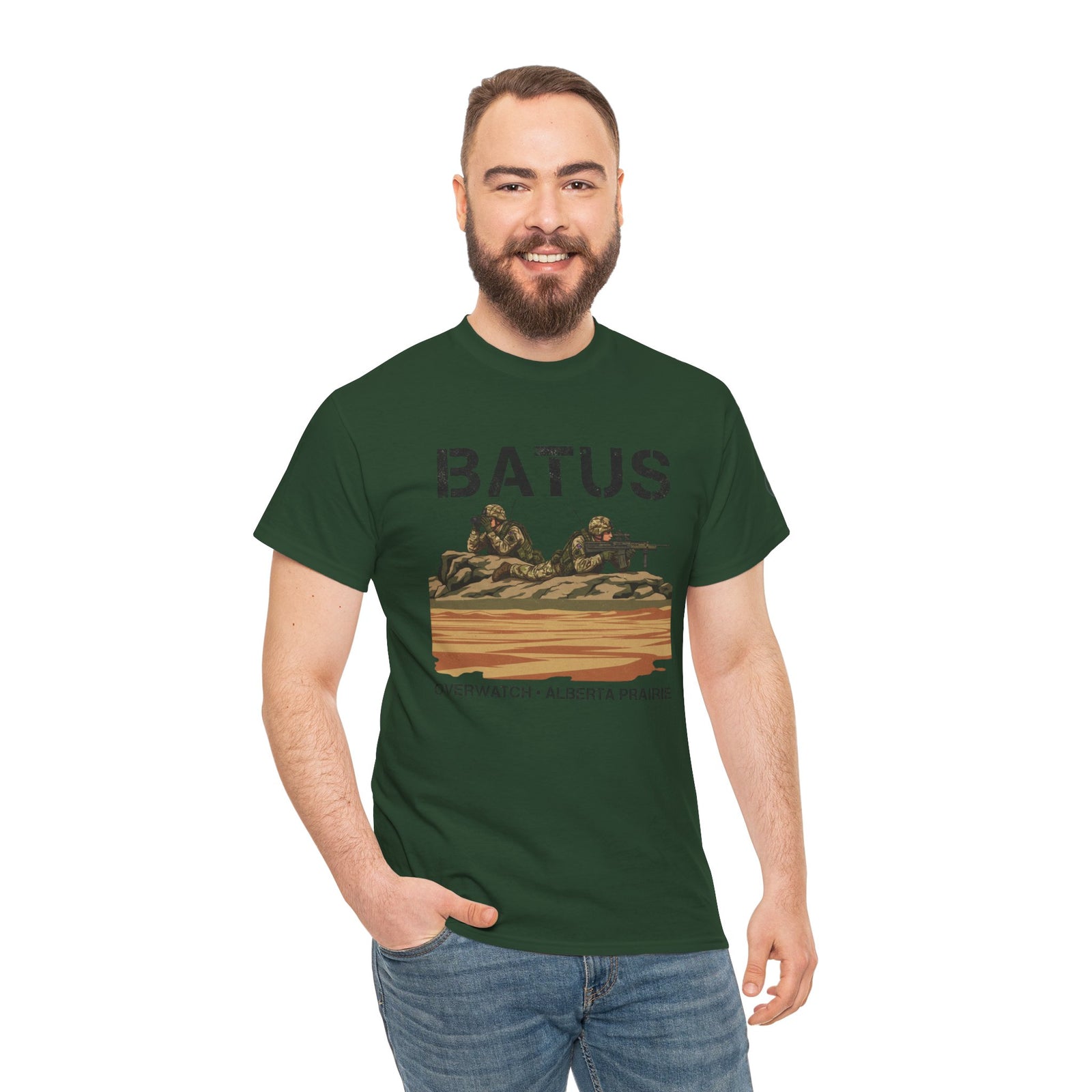 Green BATUS Alberta Prairie Military Sniper T-shirt by S&W Gallus, featuring a camouflage design and soldiers on an arid field.