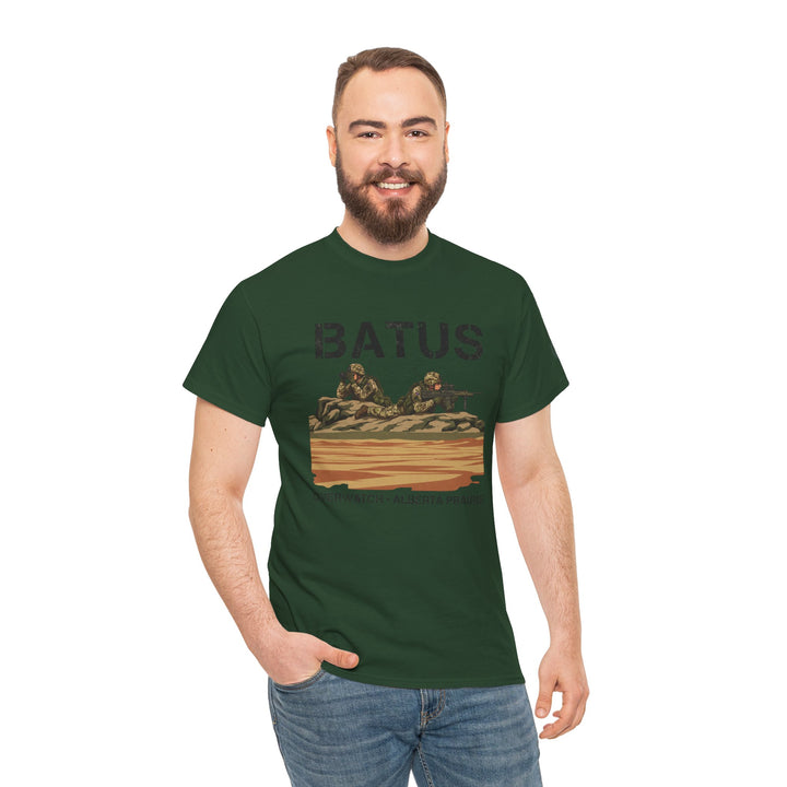 Green BATUS Alberta Prairie Military Sniper T-shirt by S&amp;W Gallus, featuring a camouflage design and soldiers on an arid field.