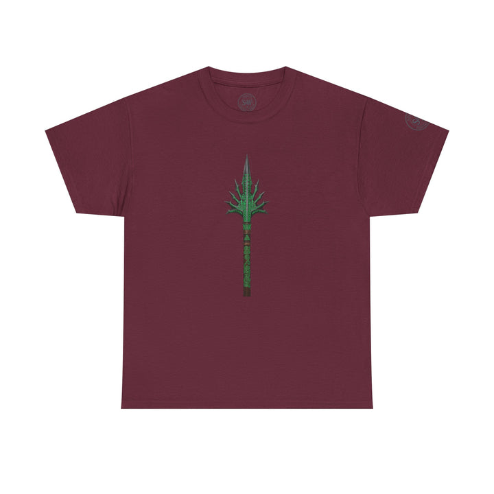 Maroon t-shirt by S&amp;W Gallus, displaying a detailed green spear graphic on the front.