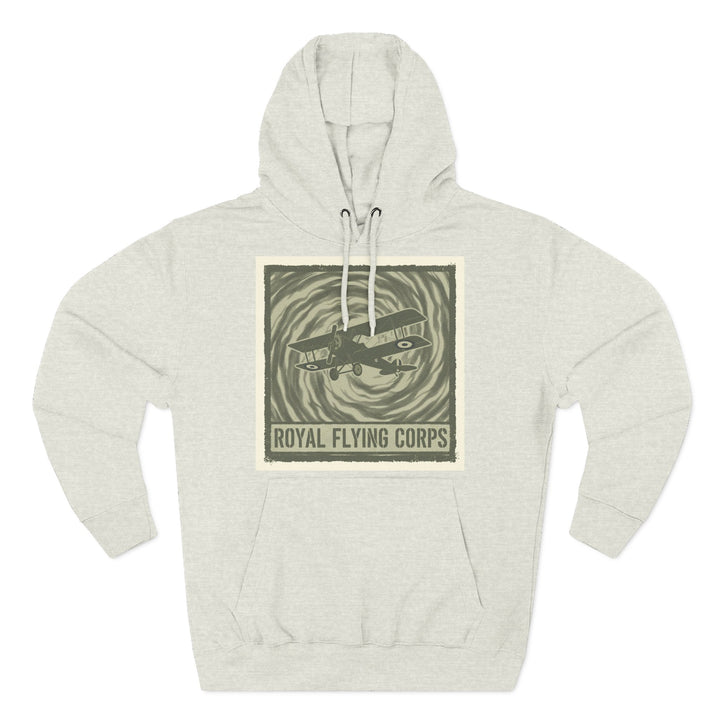 Light gray hoodie by S&amp;W Gallus featuring a square graphic of a biplane with the words "Royal Flying Corps."