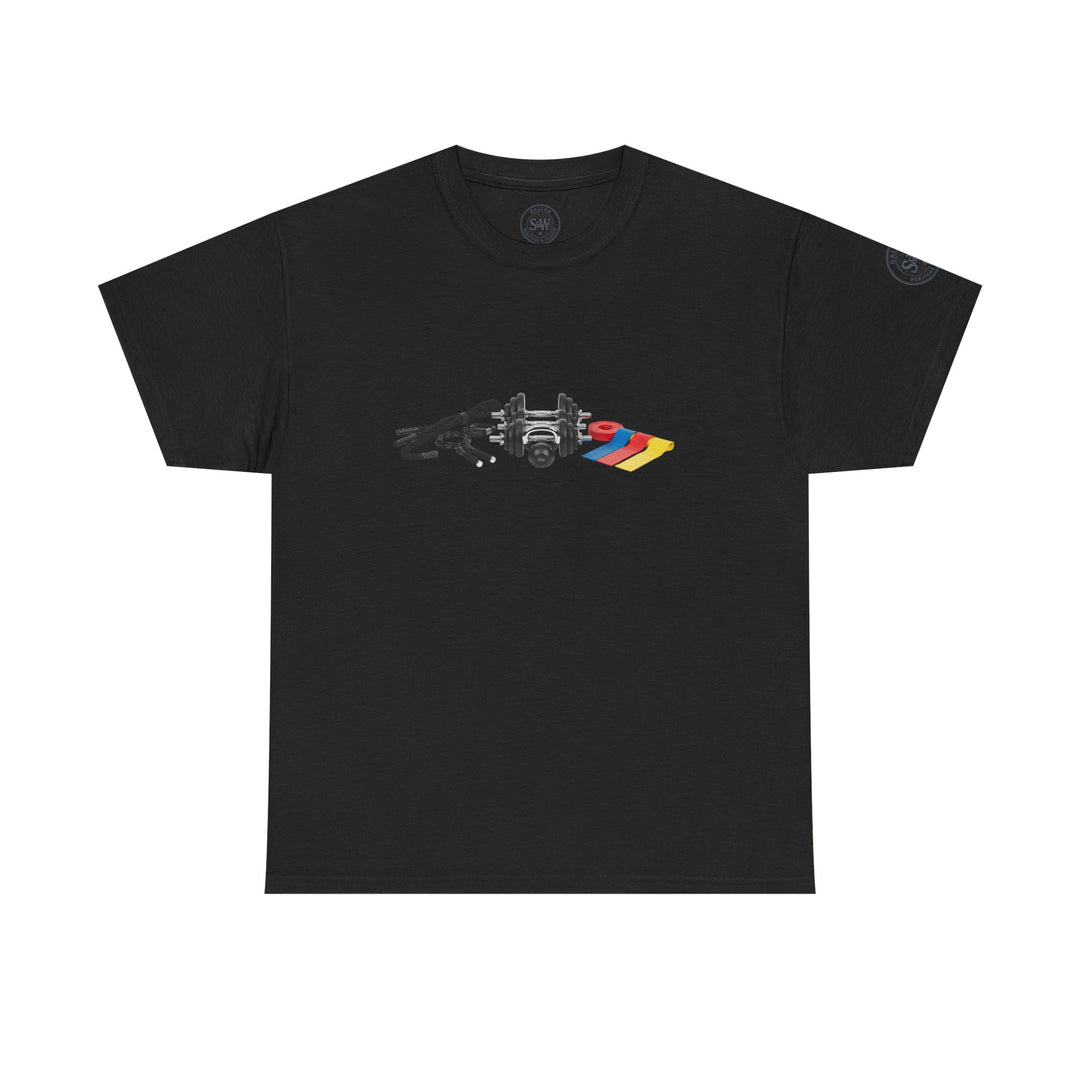 Black t-shirt by S&amp;W Gallus, featuring a circuit set-up graphic on the front.