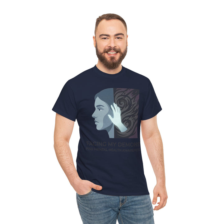 Navy blue t-shirt by Veteran Owned, featuring a mental health awareness design, worn with blue jeans.