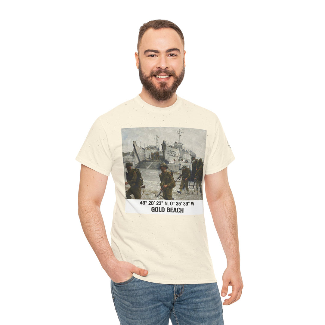 Sand-colored t-shirt by Veteran owned, featuring Gold Beach landing scene with coordinates and a man wearing jeans.
