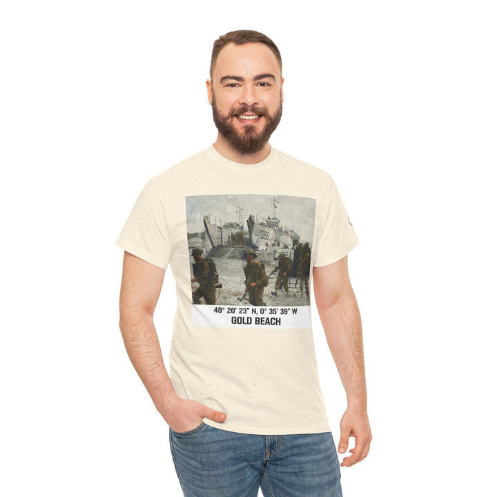 Sand-colored t-shirt by Veteran owned, featuring Gold Beach landing scene with coordinates and a man wearing jeans.
