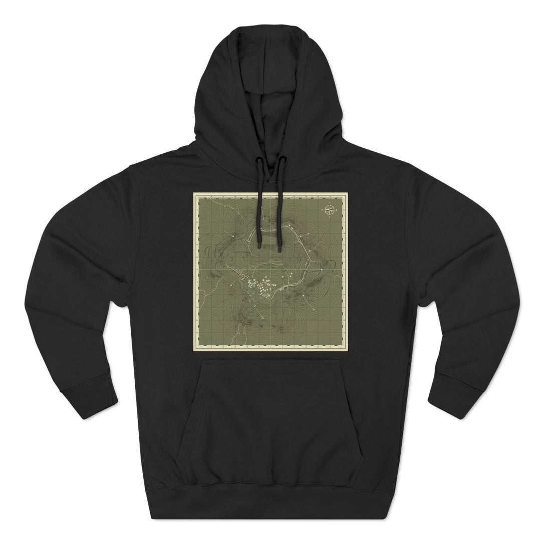 Black hoodie by S&amp;W Gallus featuring a square map print, and drawstring hood.