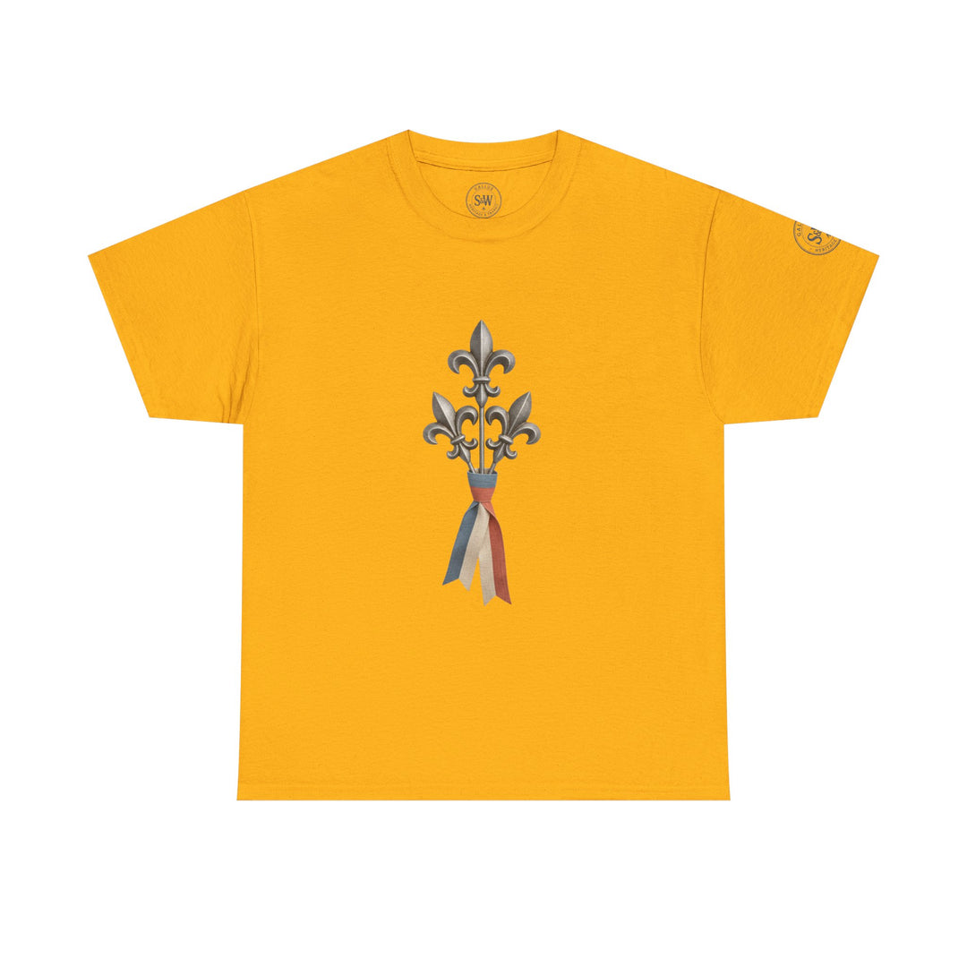 Mustard yellow t-shirt by S&amp;W Gallus, featuring a fleur-de-lis and ribbon graphic on the front.