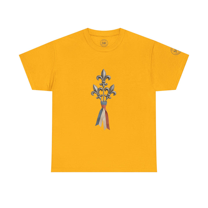 Mustard yellow t-shirt by S&amp;W Gallus, featuring a fleur-de-lis and ribbon graphic on the front.