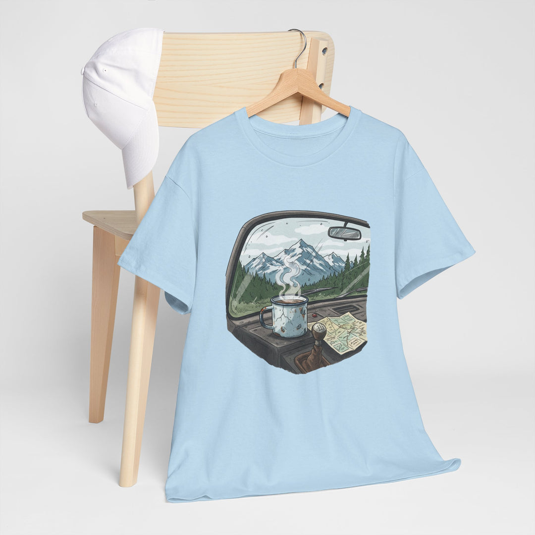 Van Roadtrip View T-Shirt featuring a scenic travel-inspired design. Soft cotton comfort perfect for van life, road trips, and outdoor adventures.