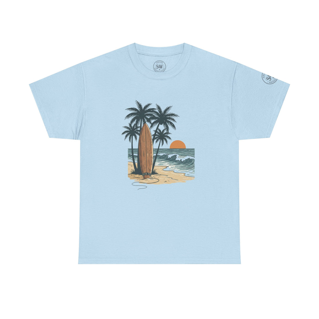 Light blue tee shirt by S&amp;W Gallus with a printed beach, palm tree, and surfboard design on the front.