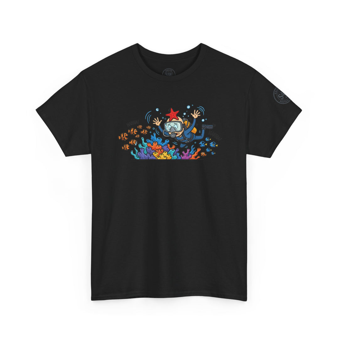 Black Diver Coral Reef T-shirt by S&amp;W Gallus, featuring a cartoon graphic of a scuba diver and coral.
