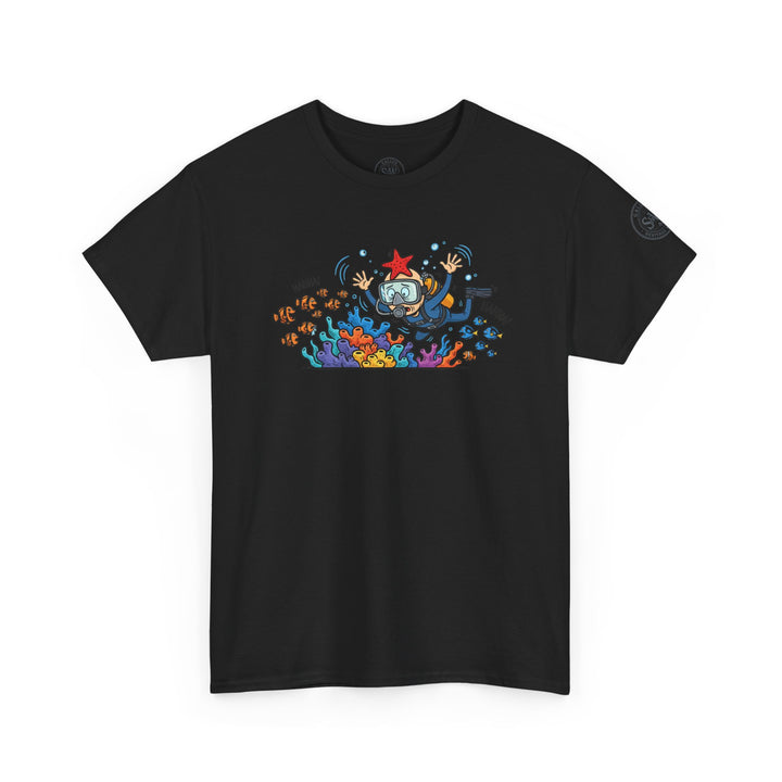 Black Diver Coral Reef T-shirt by S&amp;W Gallus, featuring a cartoon graphic of a scuba diver and coral.