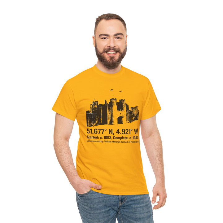 Yellow Pembroke Castle T-shirt by S&amp;W Gallus, featuring a castle graphic with historical text, paired with blue jeans.
