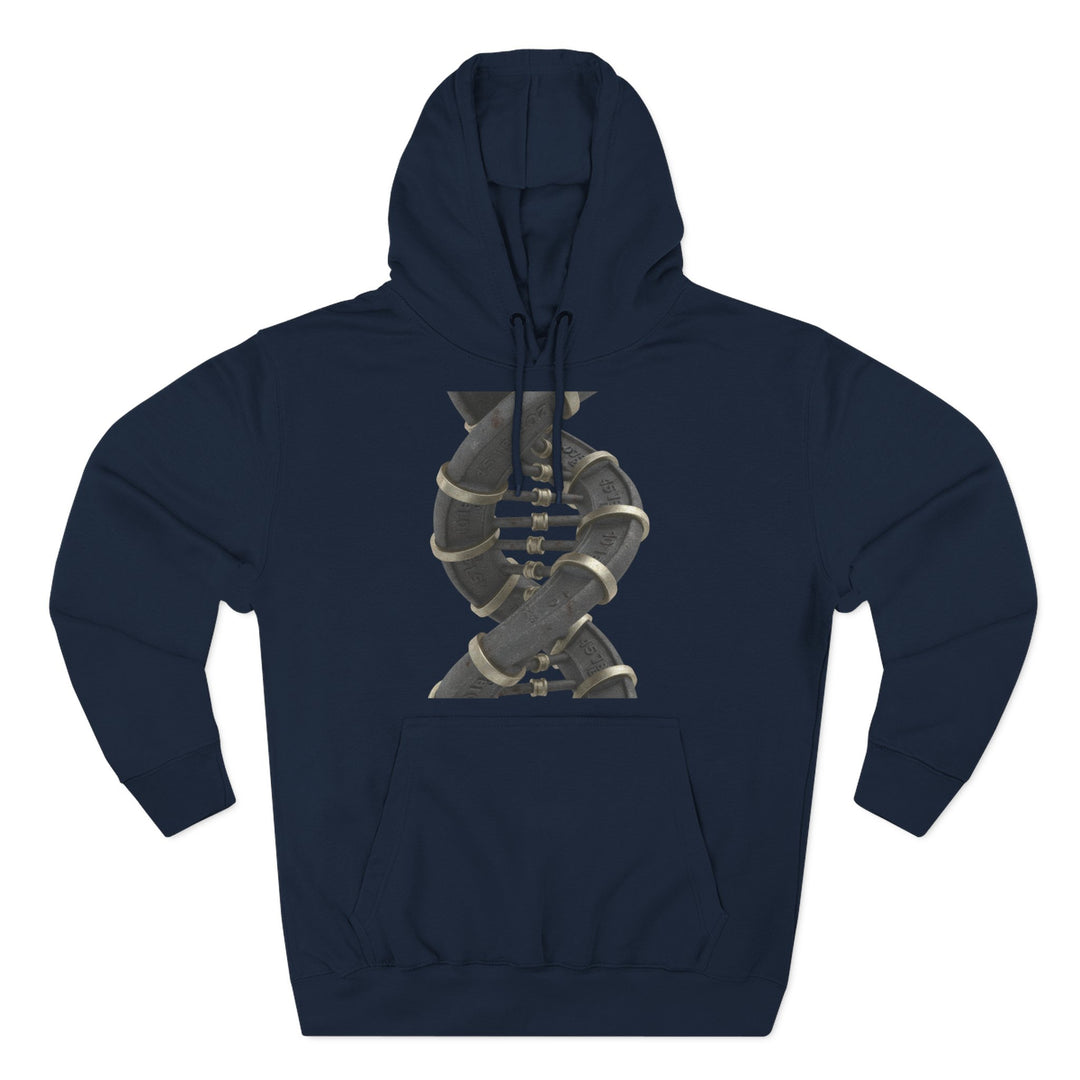 Navy blue hoodie by S&amp;W Gallus, featuring a metallic pipe DNA helix design on the chest.