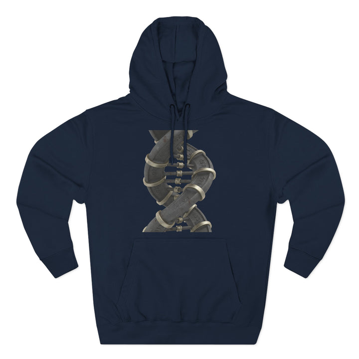Navy blue hoodie by S&amp;W Gallus, featuring a metallic pipe DNA helix design on the chest.
