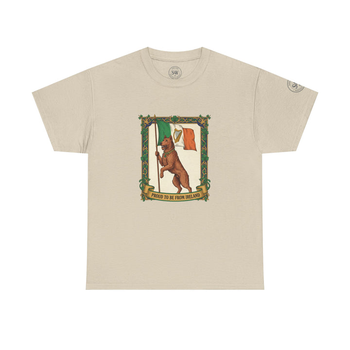 Beige t-shirt from S&amp;W Gallus, featuring an Irish wolfhound holding the Irish flag, with "Proud to be from Ireland" text.