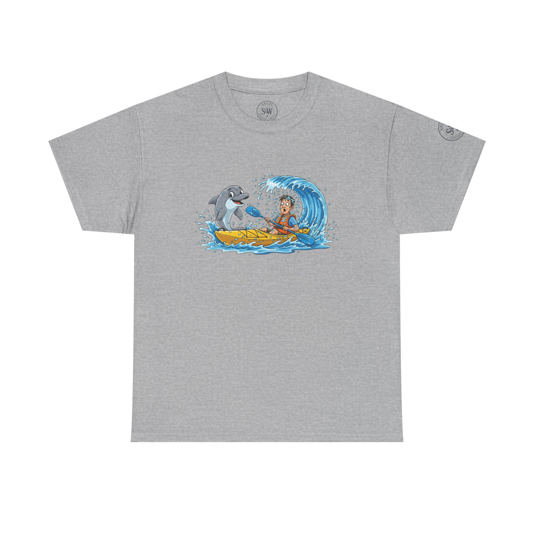 Gray t-shirt by S&amp;W Gallus with a graphic of a man kayaking with a dolphin.
