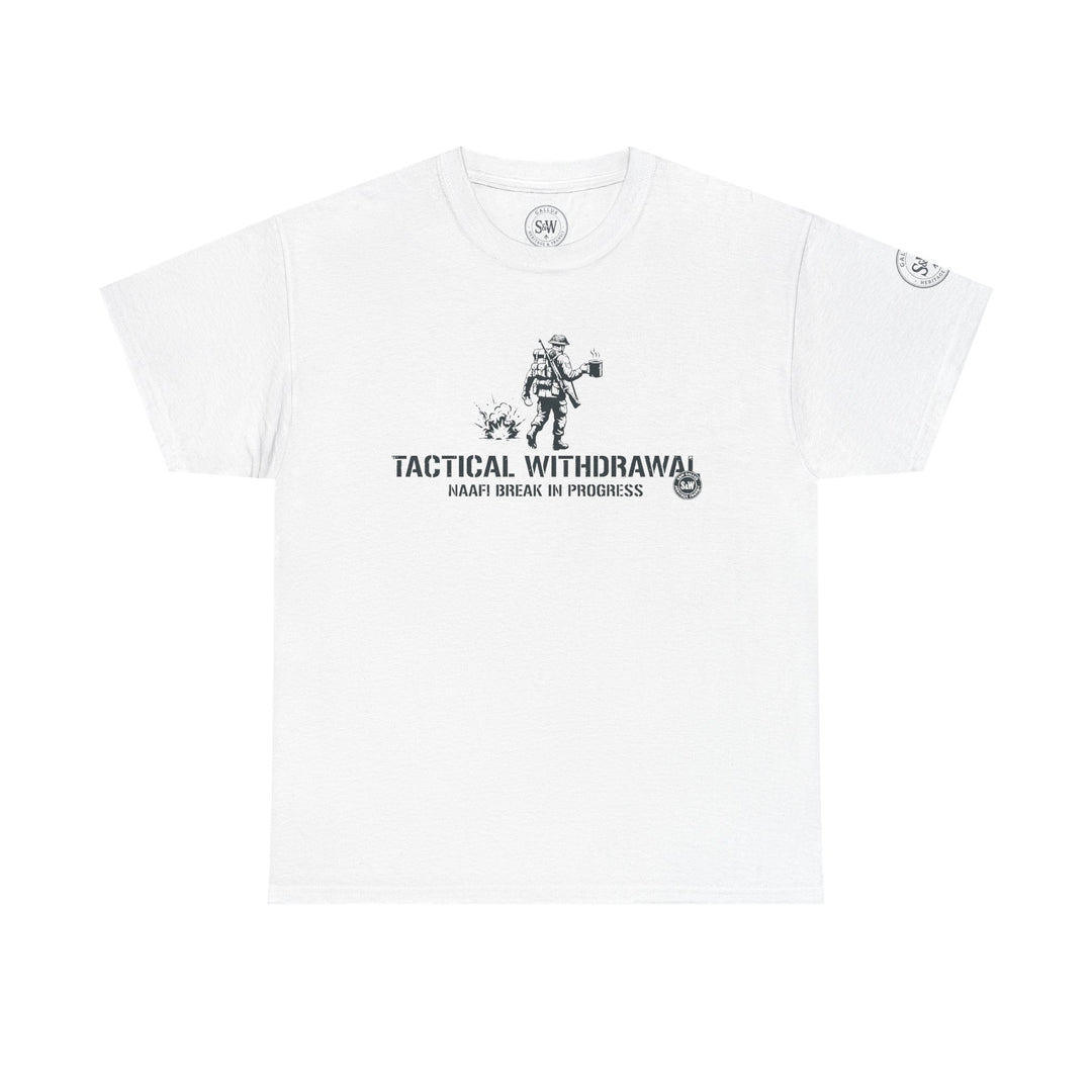 White t-shirt by S&amp;W Gallus featuring a graphic of a soldier and the phrase "Tactical Withdrawal".
