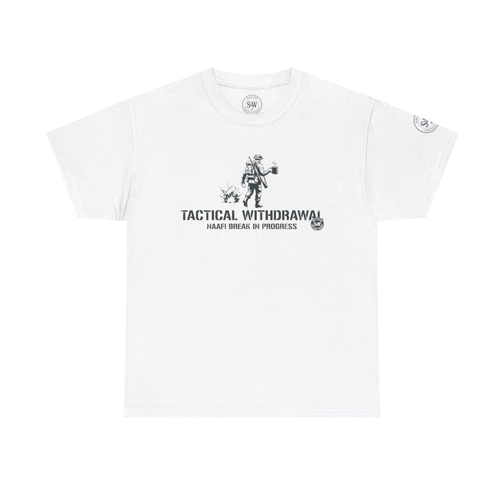 White t-shirt by S&amp;W Gallus featuring a graphic of a soldier and the phrase "Tactical Withdrawal".
