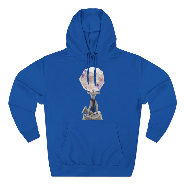 Blue hoodie by S&amp;W Gallus with a statue of Atlas holding a quartz crystal.
