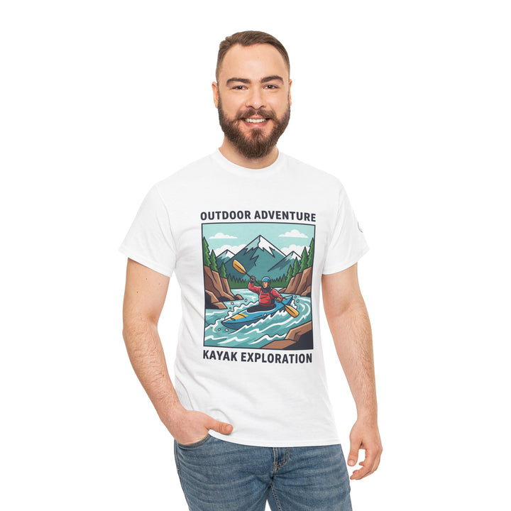 White kayak exploration t-shirt by S&amp;W Gallus with a colorful graphic design on a smiling model wearing jeans.