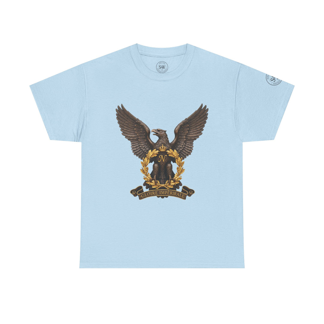 Light blue t-shirt by S&amp;W Gallus featuring a vintage Bonaparte eagle crest graphic on the center chest.
