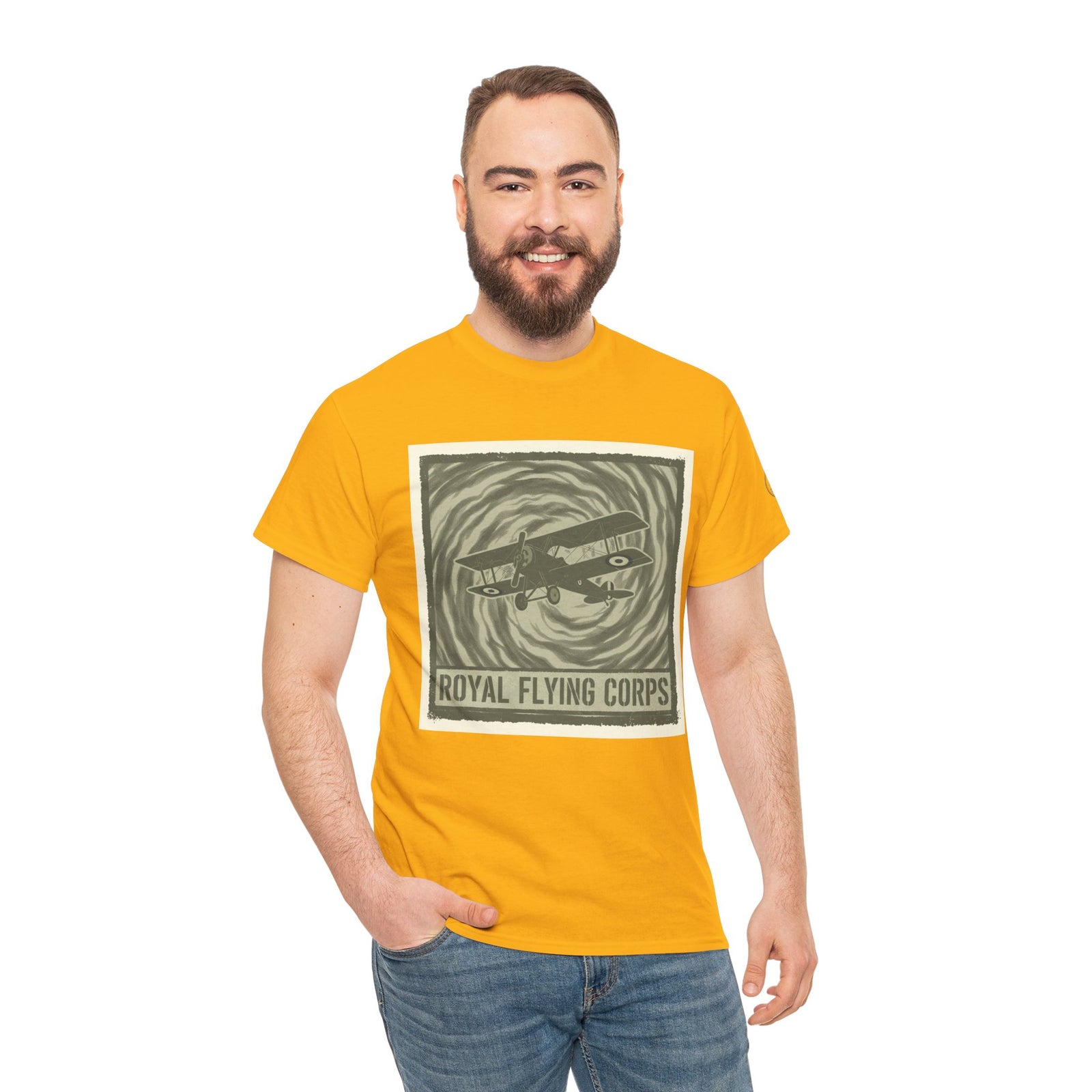 Yellow t-shirt with a vintage plane graphic by S&W Gallus featuring the Royal Flying Corps.