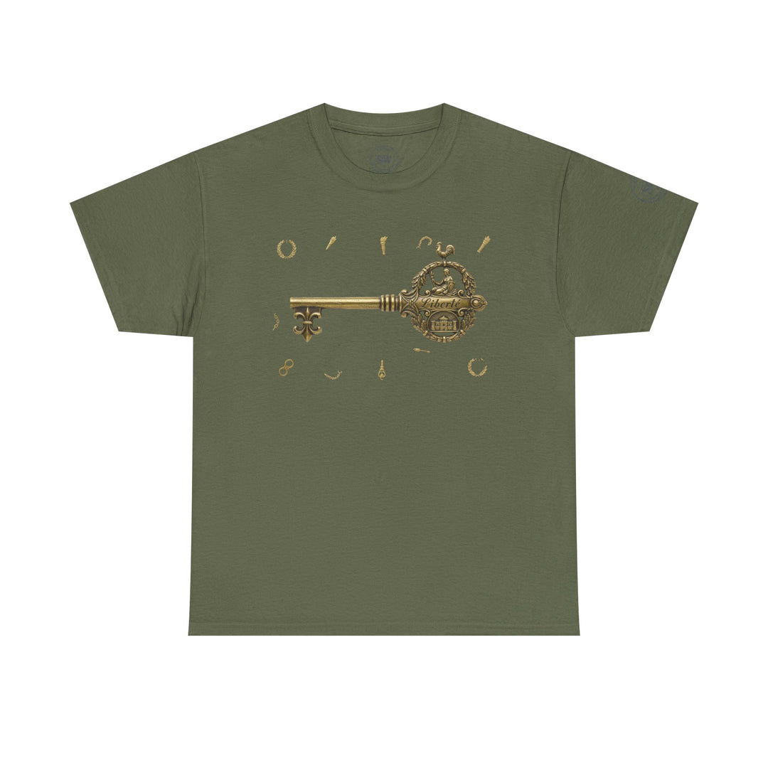 Green Bastille Key T-shirt by S&amp;W Gallus, featuring a graphic print of a key and other decorative icons.