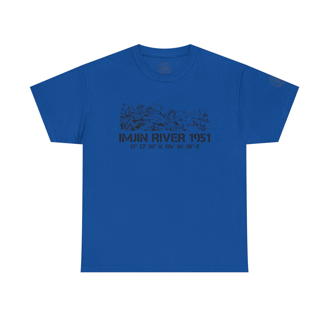Blue Imjin River 1951 tee shirt by S&amp;W Gallus with a war scene and coordinates design.