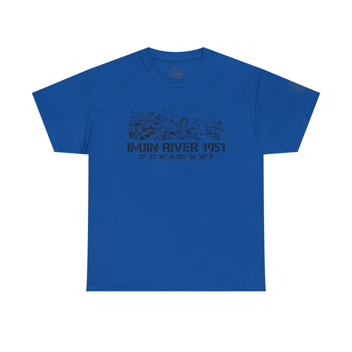 Blue Imjin River 1951 tee shirt by S&amp;W Gallus with a war scene and coordinates design.