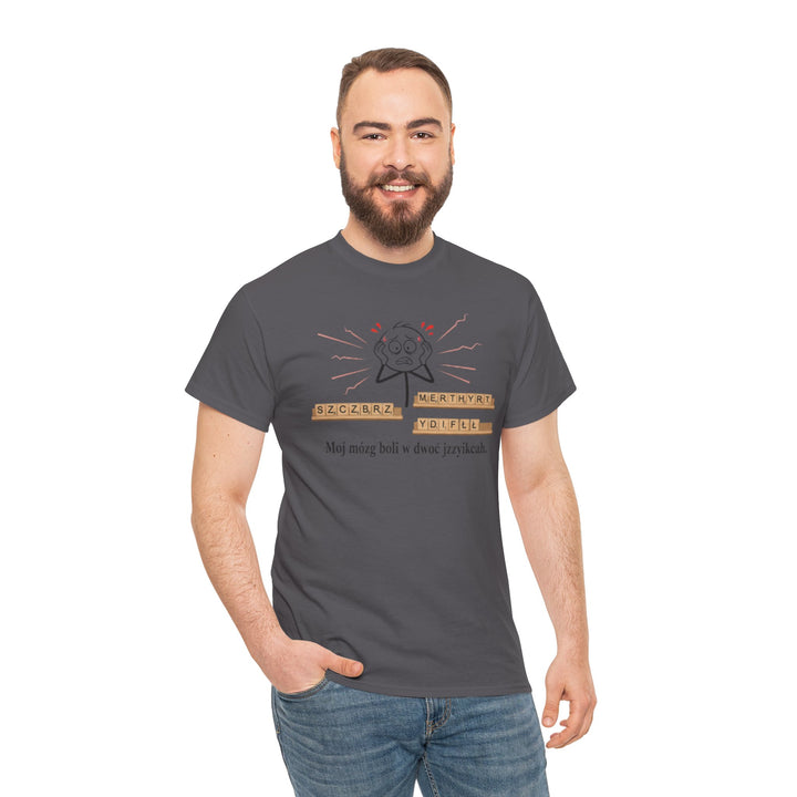Gray t-shirt with a funny brain graphic by S&amp;W Gallus, featuring a Polish phrase and worn with jeans by a smiling model.
