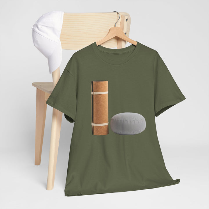 Mat &amp; Meditation Cushion Tee – soft, breathable cotton featuring a yoga-inspired design. Perfect for meditation, studio practice, or mindful everyday wear.