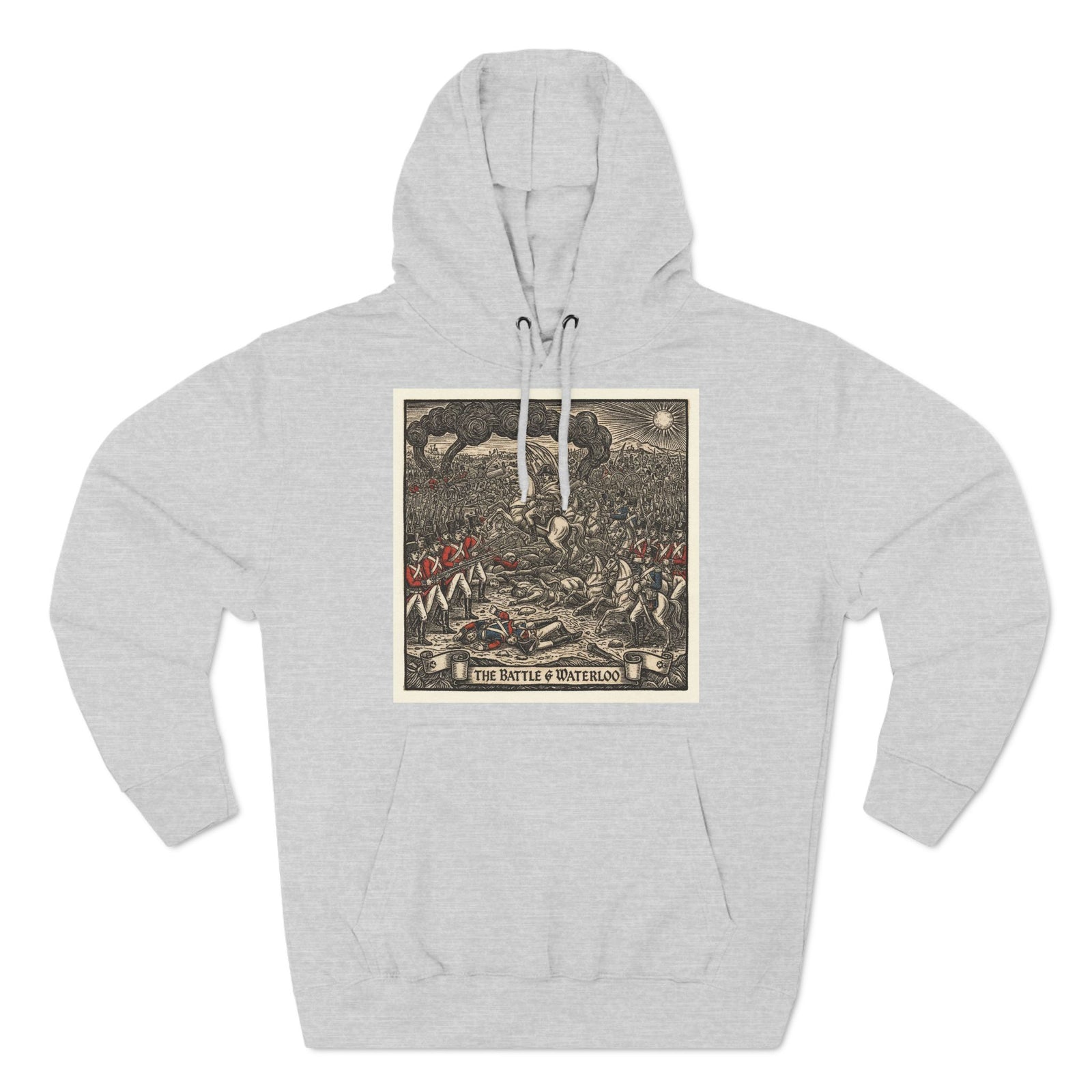 Gray hoodie by S&W Gallus featuring the Battle of Waterloo print on the front.
