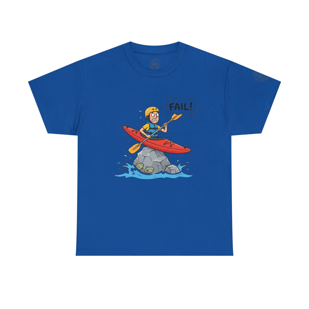 Blue t-shirt by S&amp;W Gallus with a cartoon graphic of a kayaker stuck on a rock with the word "FAIL!" above.