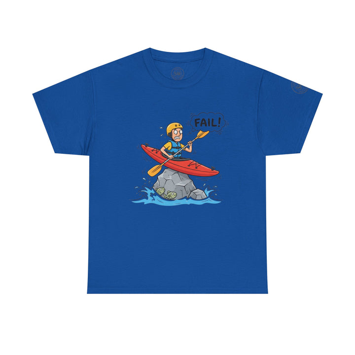 Blue t-shirt by S&amp;W Gallus with a cartoon graphic of a kayaker stuck on a rock with the word "FAIL!" above.