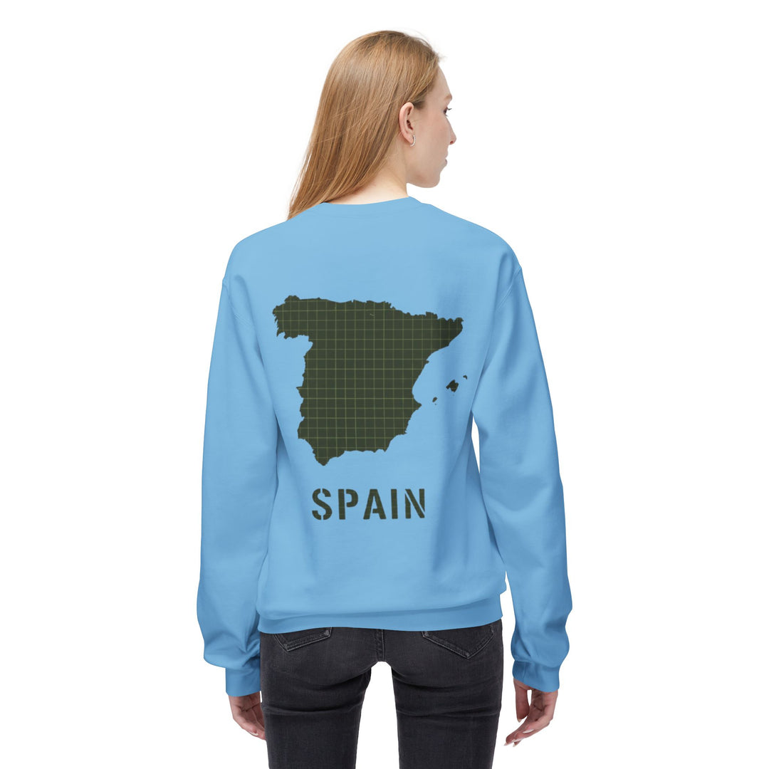 Spain Map Crewneck Sweatshirt — Military Green Grid Spain Graphic