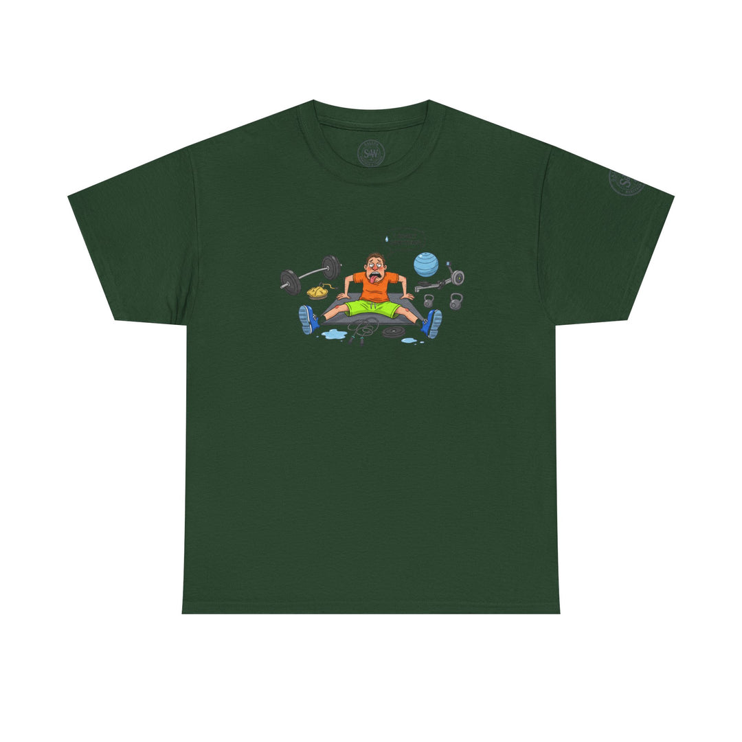 Green t-shirt by S&amp;W Gallus with a cartoon graphic of a man exhausted from working out.
