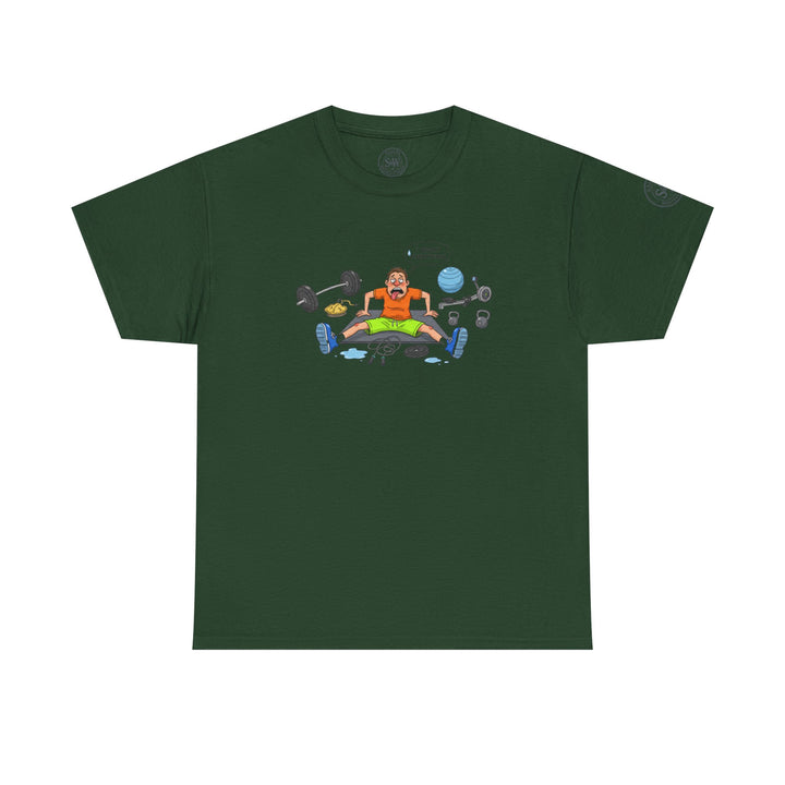 Green t-shirt by S&amp;W Gallus with a cartoon graphic of a man exhausted from working out.
