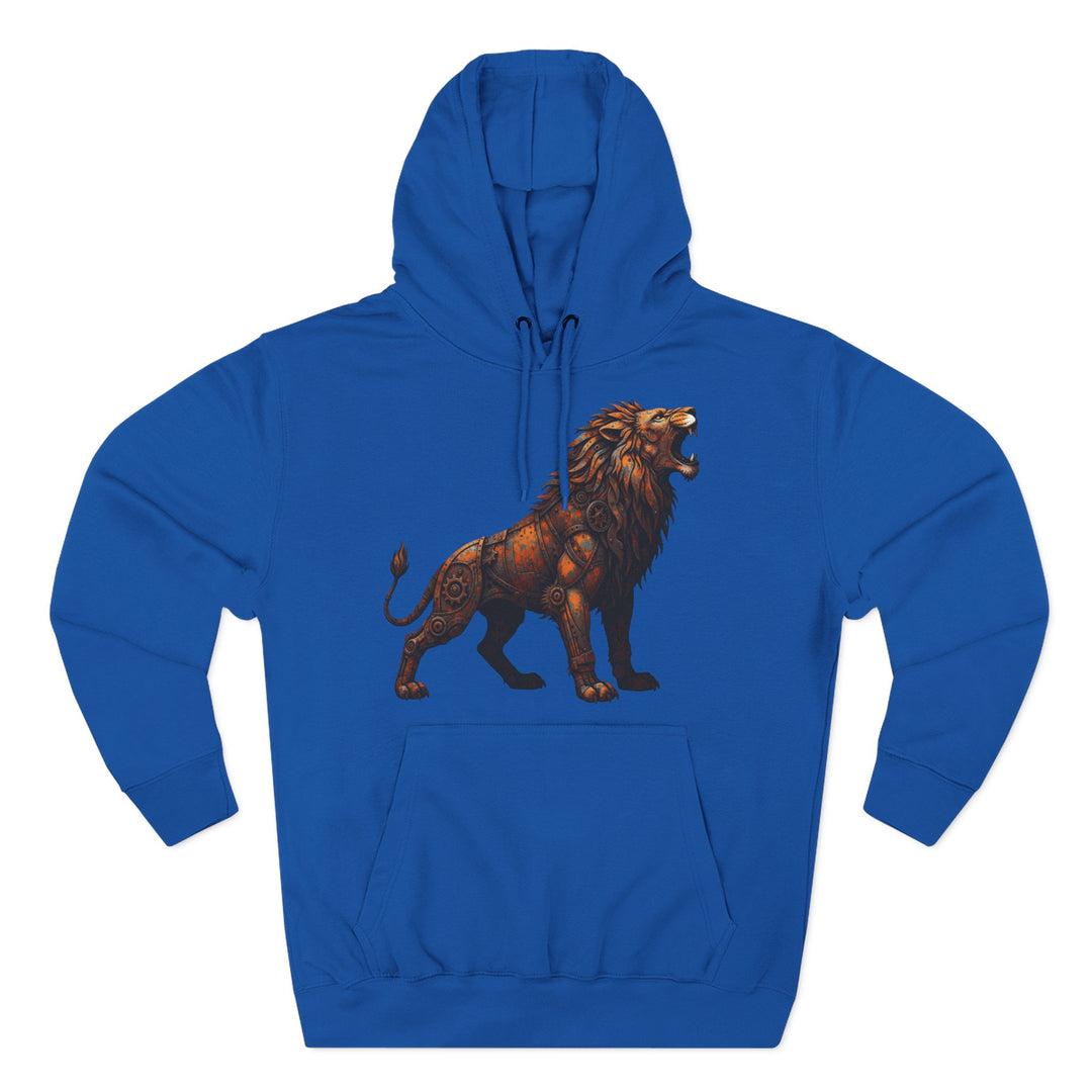 Blue hoodie by S&amp;W Gallus featuring a large steampunk style lion design on the front.