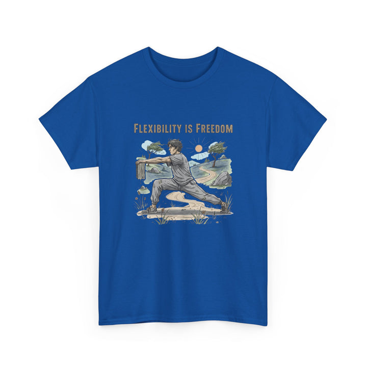 Flexibility Is Freedom Tee – soft, breathable cotton featuring a motivational design. Perfect for yoga, Pilates, stretching, or casual active lifestyle wear.