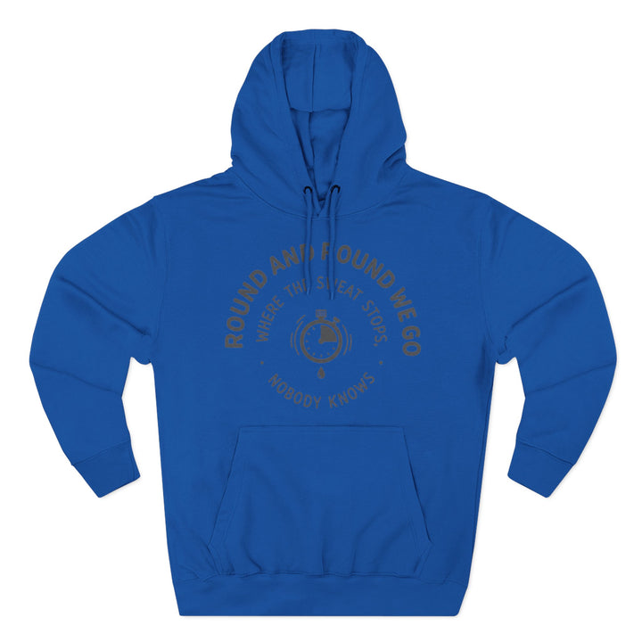 Blue hooded sweatshirt by S&amp;W Gallus, featuring a round graphic design and kangaroo pocket.