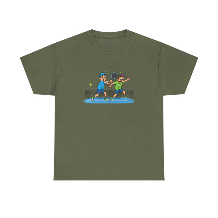 Olive green t-shirt by S&amp;W Gallus featuring a graphic of two cartoon boys playing padel.