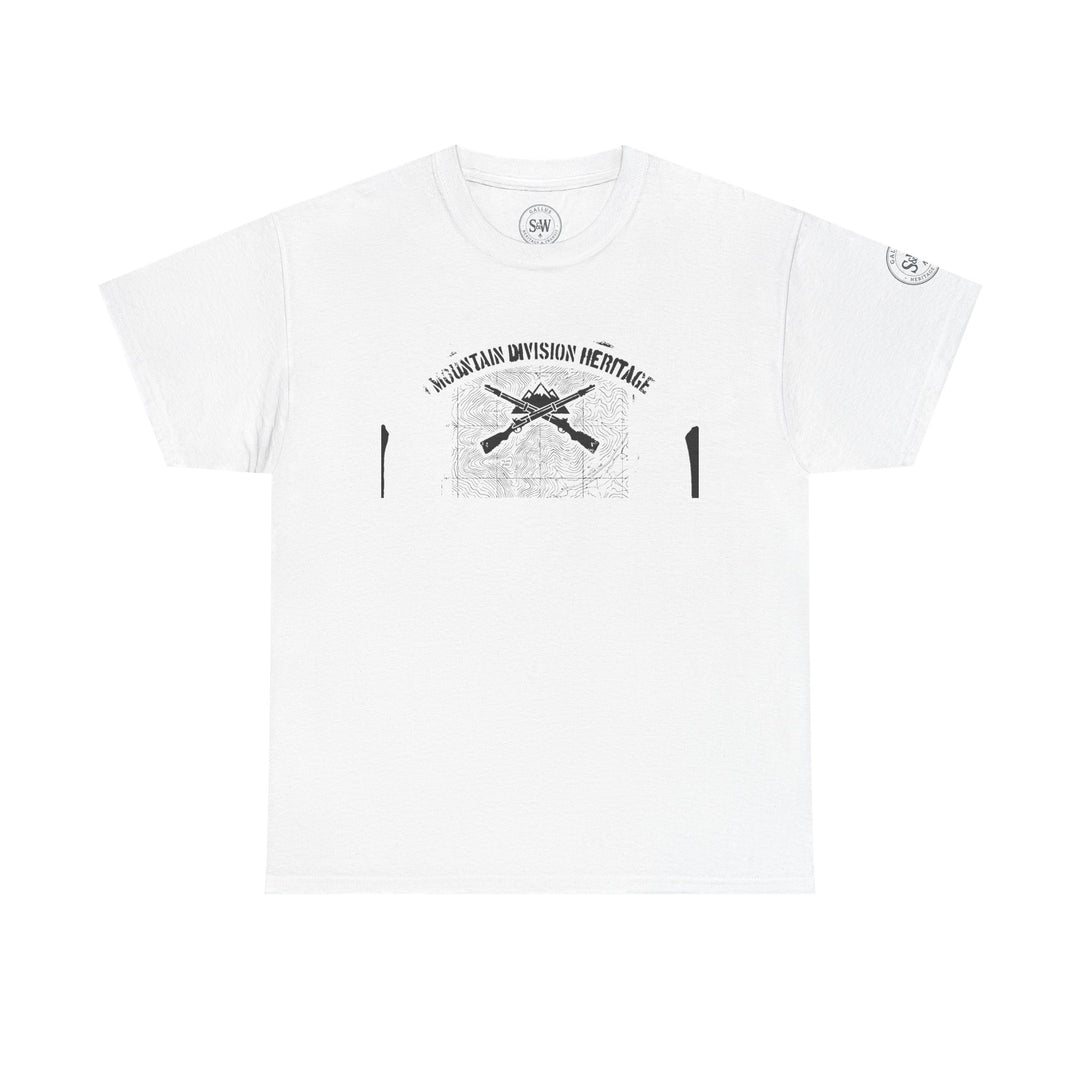 White t-shirt by S&amp;W Gallus featuring a vintage map and crossed rifles graphic with "Mountain Division Heritage" text.